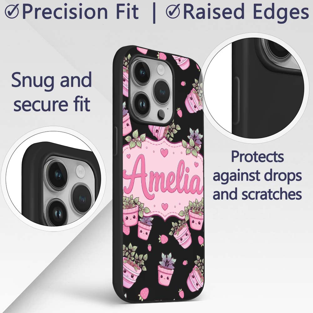 Cute Kawaii Pink Plant Pots Strawberries Seamless Custom Name Protective Phone Case Mobile Cover Durable Everyday Smartphone Shock Resistant