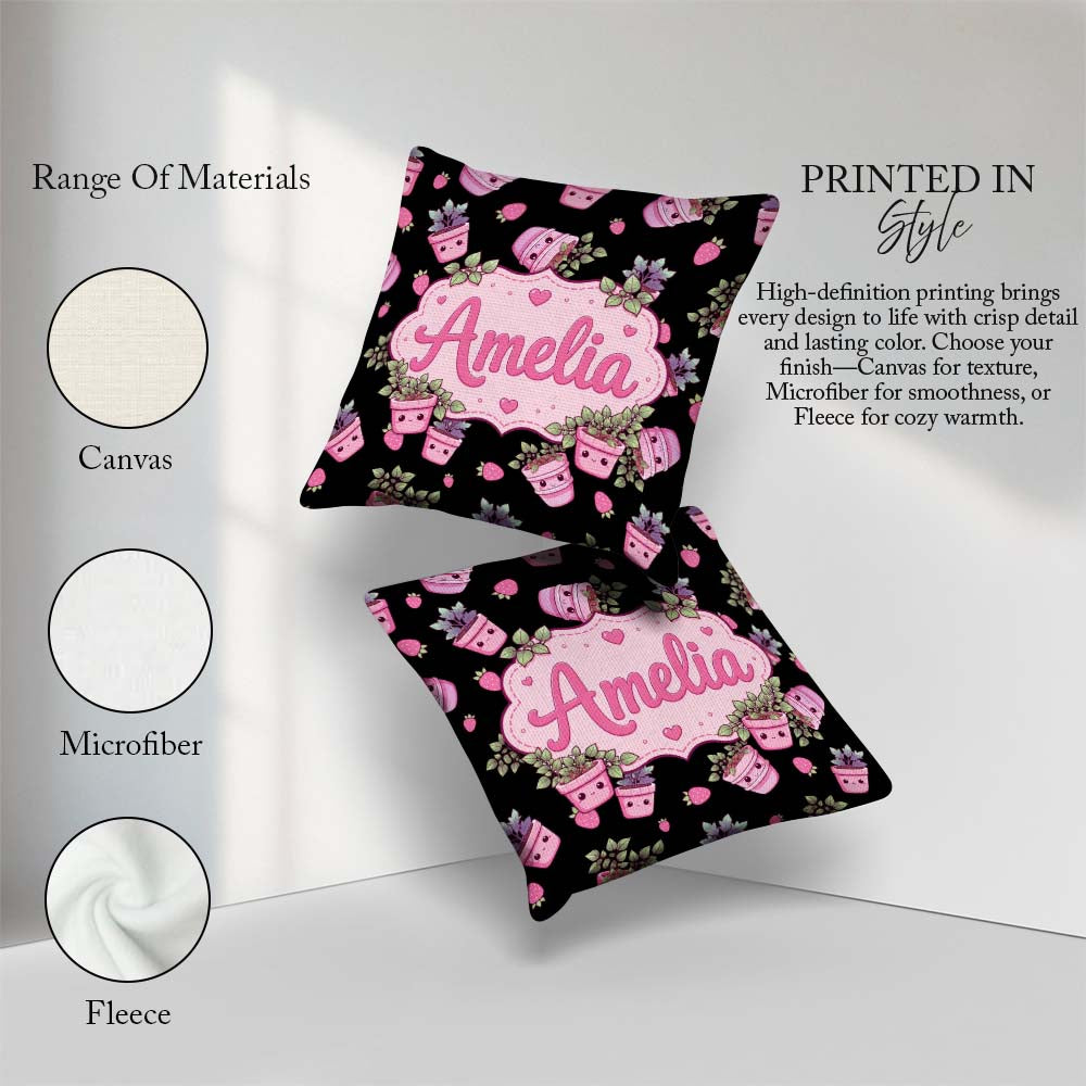 Custom Name Cute Kawaii Pink Plant Pots Seamless Pattern Name Square Filled Cushion Throw Pillow Sofa Bed Home Decor Zip Washable UK Made