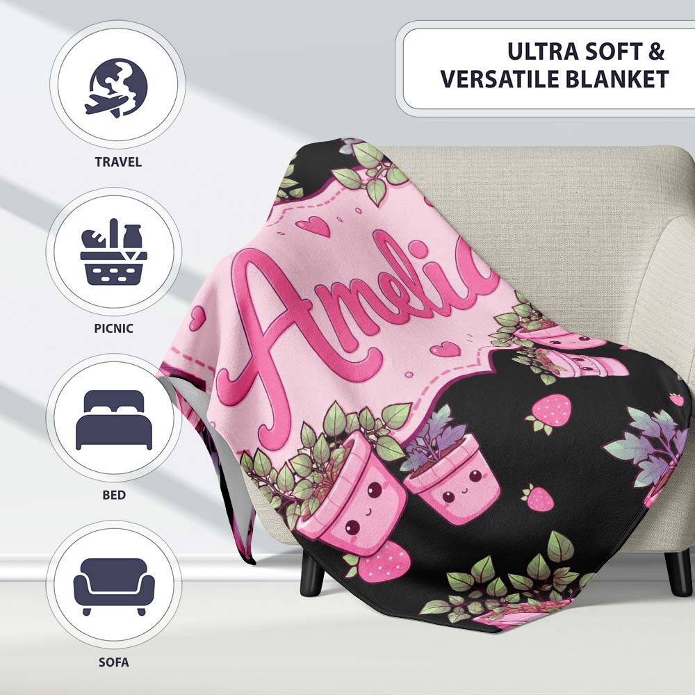 Cute Kawaii Pink Plant Pots Strawberries Seamless Pattern Name Personalised Custom Name Super Soft Fleece Blanket Bed Sofa Throw