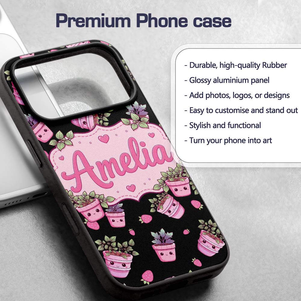 Cute Kawaii Pink Plant Pots Strawberries Seamless Custom Name Protective Phone Case Mobile Cover Durable Everyday Smartphone Shock Resistant