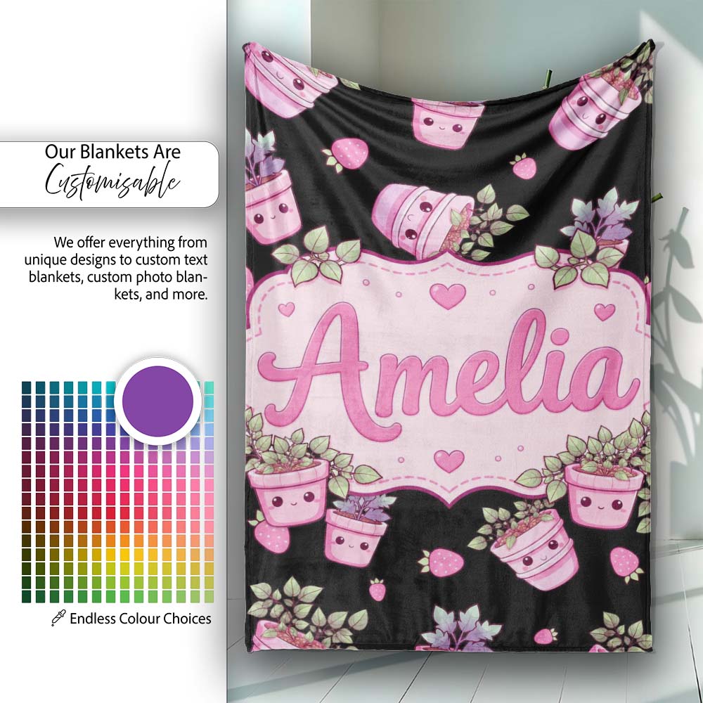 Cute Kawaii Pink Plant Pots Strawberries Seamless Pattern Name Personalised Custom Name Super Soft Fleece Blanket Bed Sofa Throw