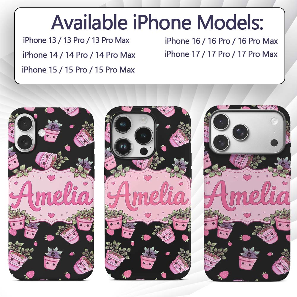 Cute Kawaii Pink Plant Pots Strawberries Seamless Custom Name Protective Phone Case Mobile Cover Durable Everyday Smartphone Shock Resistant