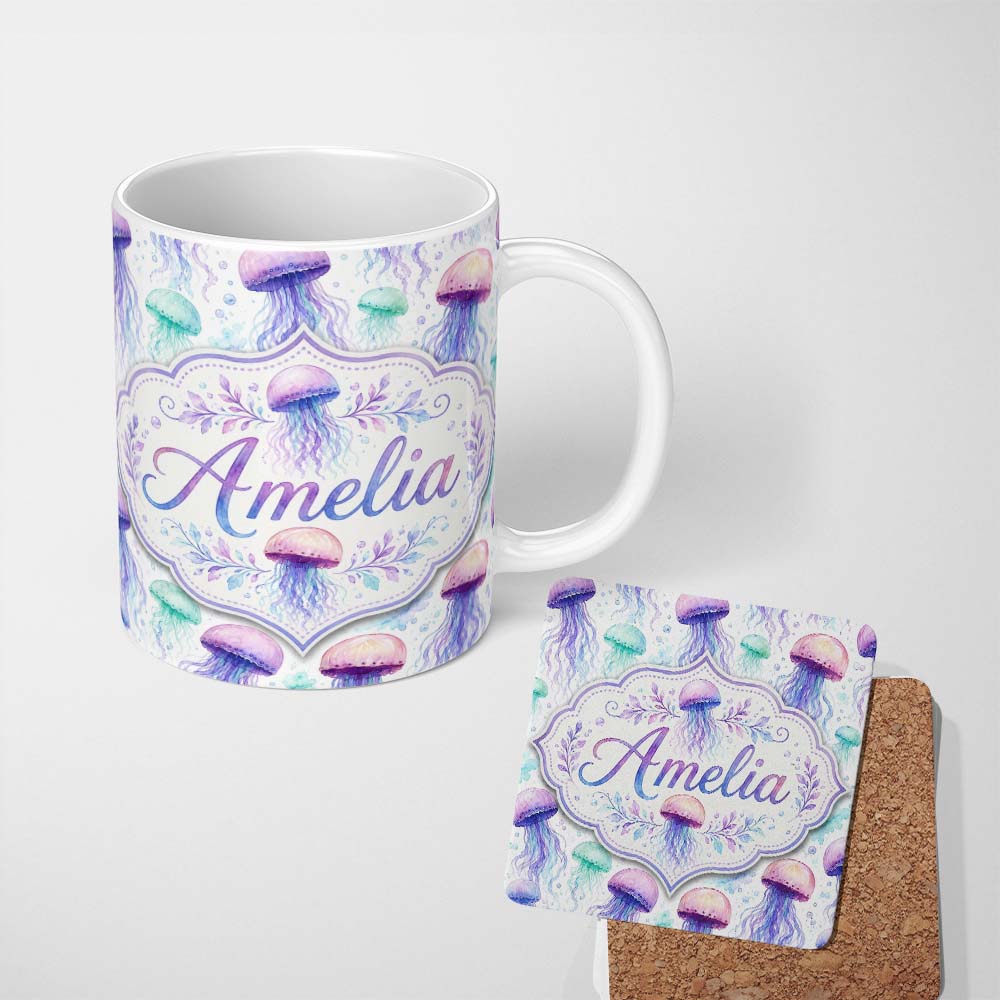 Personalized Custom Name Soft Watercolor Jellyfish in Pastel Purple and Aqua Seamless Marine 11oz Ceramic Coffee Tea Mug White Large Handle