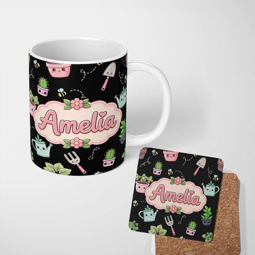 Personalized Custom Name Cute Kawaii Garden Tools Plants Bees Seamless Pattern Name Unique 11oz Ceramic Coffee Tea Mug White Large Handle