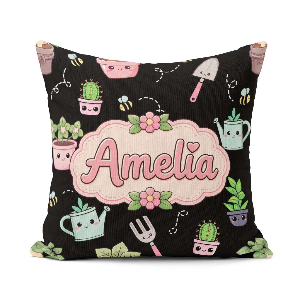 Custom Name Cute Kawaii Garden Plants Bees Seamless Pattern Name Square Filled Cushion Throw Pillow Sofa Bed Home Decor Zip Washable UK Made