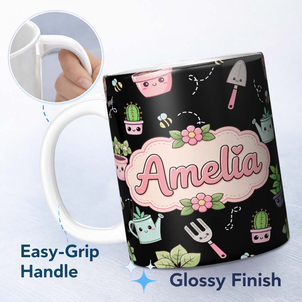 Personalized Custom Name Cute Kawaii Garden Tools Plants Bees Seamless Pattern Name Unique 11oz Ceramic Coffee Tea Mug White Large Handle