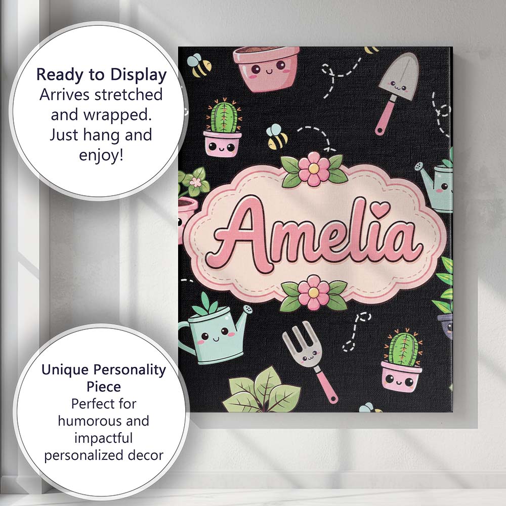 Personalised Name Cute Kawaii Garden Tools Custom Unique Gift Idea Elegant Feature Canvas Wall Art Print Decor Picture Ready to Hang