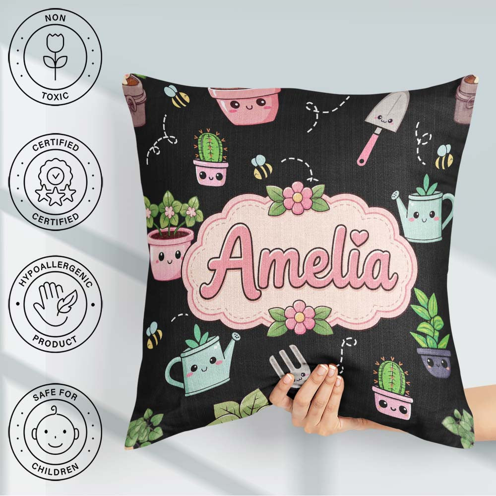 Custom Name Cute Kawaii Garden Plants Bees Seamless Pattern Name Square Filled Cushion Throw Pillow Sofa Bed Home Decor Zip Washable UK Made