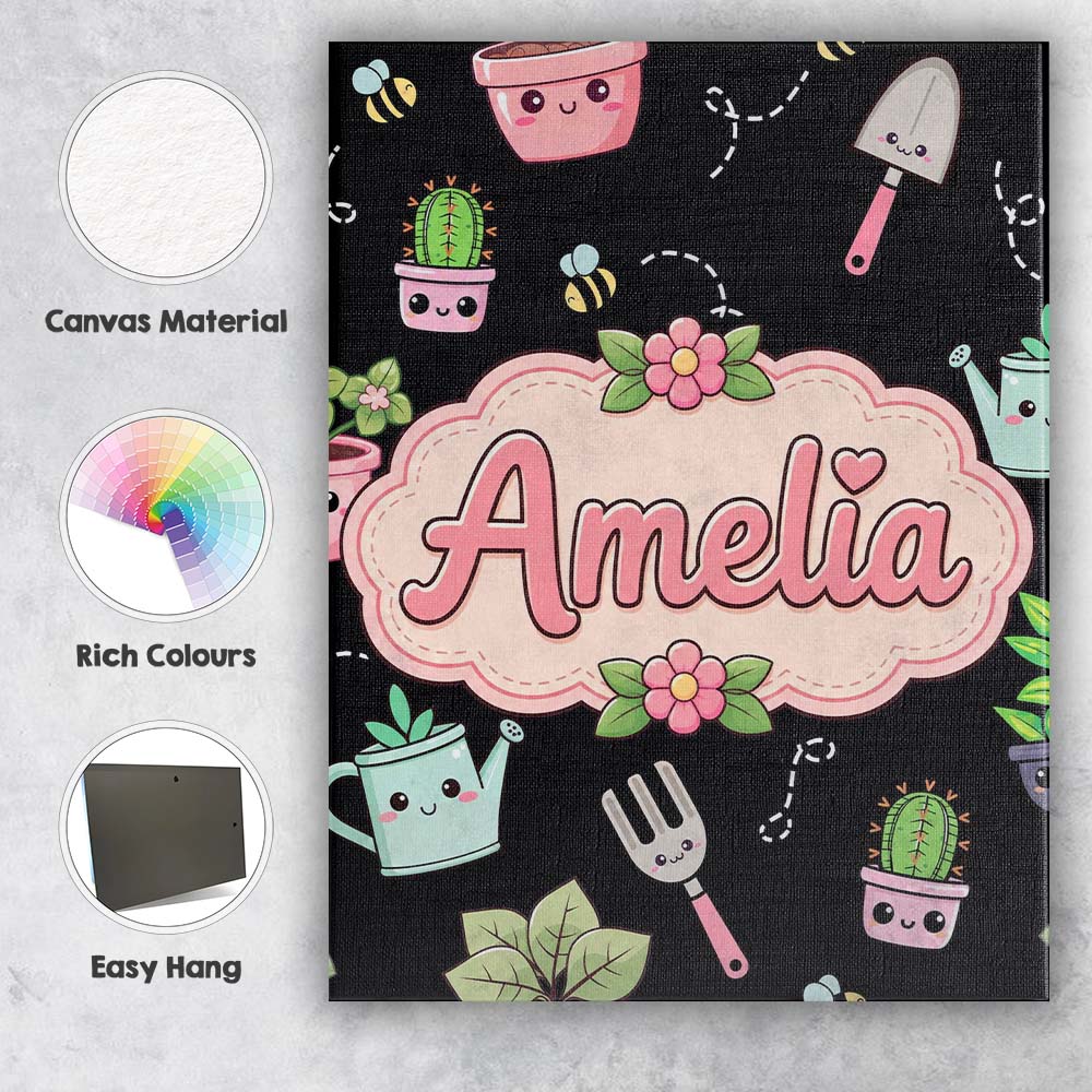 Personalised Name Cute Kawaii Garden Tools Custom Unique Gift Idea Elegant Feature Canvas Wall Art Print Decor Picture Ready to Hang