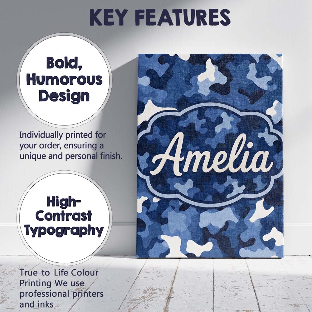 Personalised Name Navy Blue Camouflage Layered Seamless Pattern Custom Statement Canvas Wall Art Print Decor Picture Ready to Hang