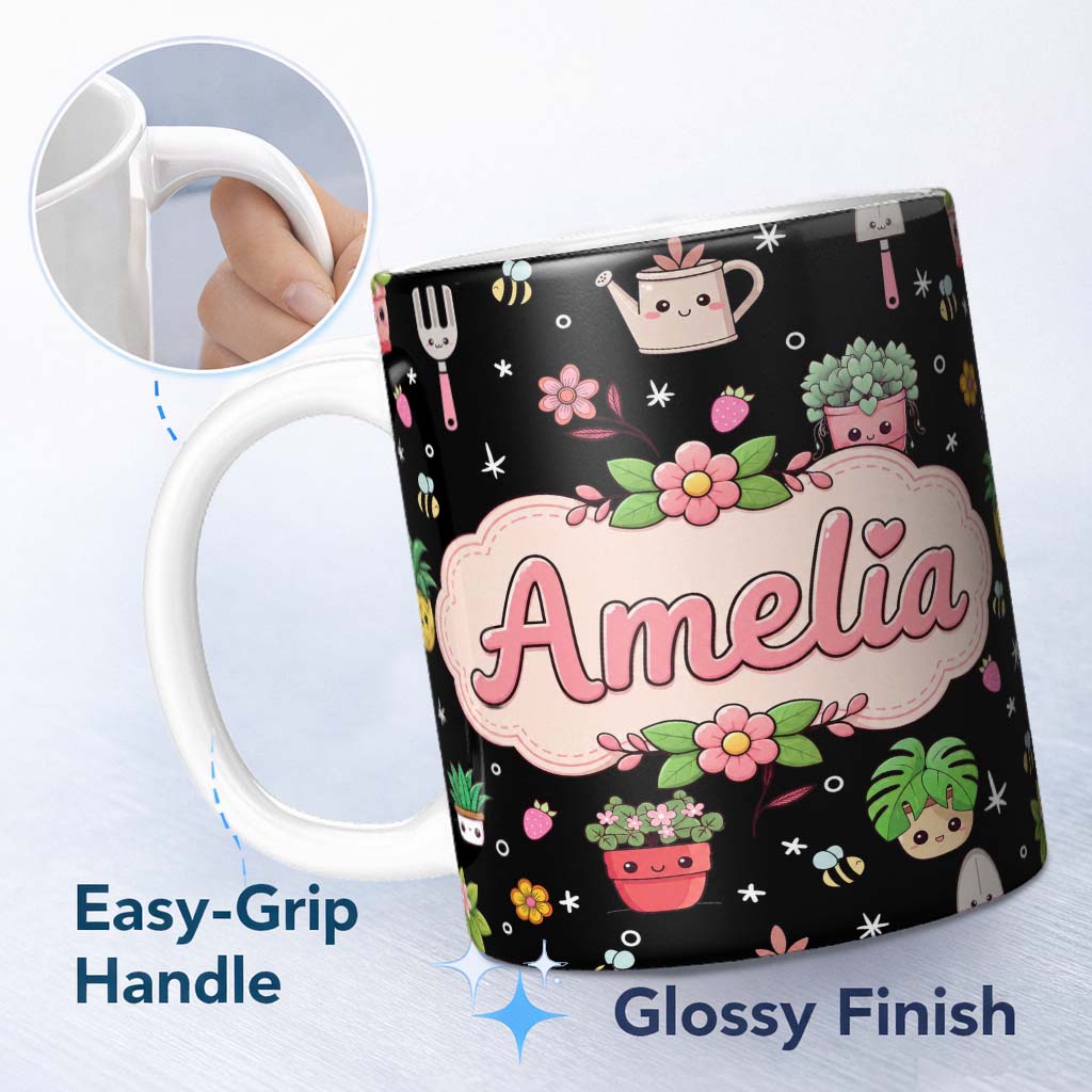 Personalized Custom Name Cute Kawaii Garden Tools Plants Bees Floral Seamless Pattern Name 11oz Ceramic Coffee Tea Mug White Large Handle