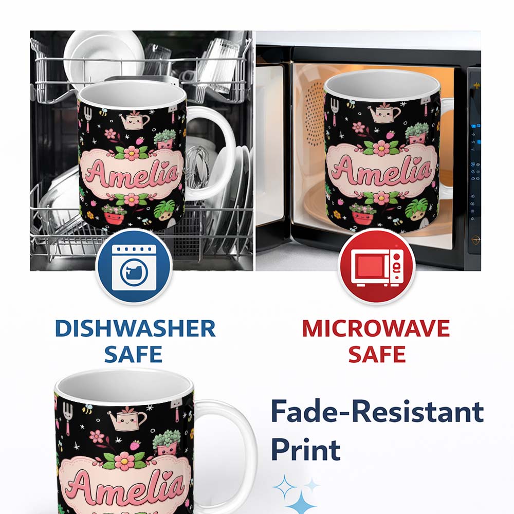 Personalized Custom Name Cute Kawaii Garden Tools Plants Bees Floral Seamless Pattern Name 11oz Ceramic Coffee Tea Mug White Large Handle