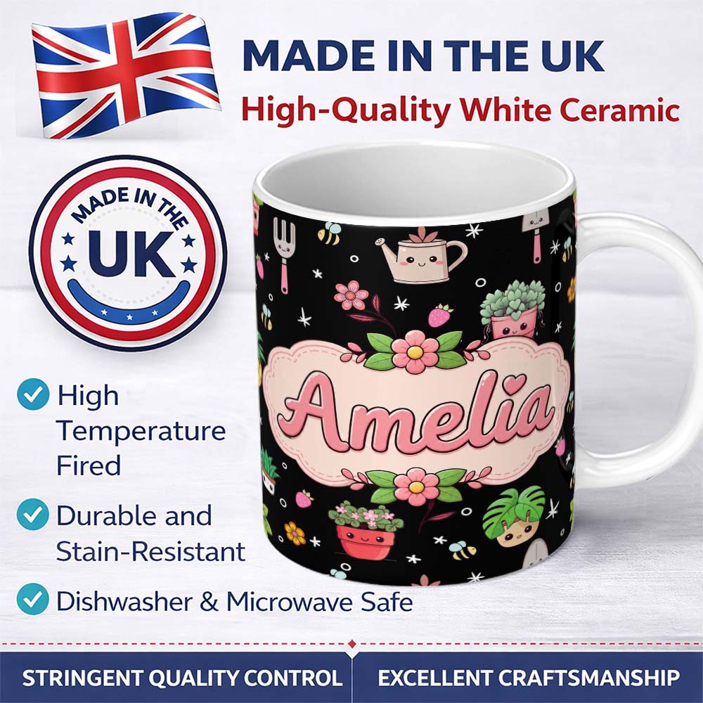 Personalized Custom Name Cute Kawaii Garden Tools Plants Bees Floral Seamless Pattern Name 11oz Ceramic Coffee Tea Mug White Large Handle