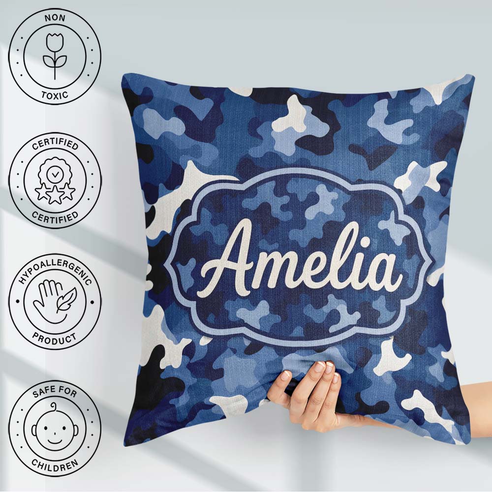 Custom Name Navy Blue Camouflage Layered Seamless Pattern Idea Square Filled Cushion Throw Pillow Sofa Bed Home Decor Zip Washable UK Made
