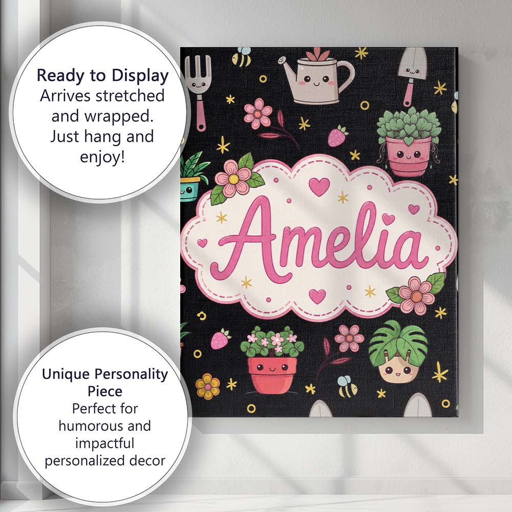 Personalised Name Cute Kawaii Garden Tools Custom Unique Gift Idea Elegant Feature Canvas Wall Art Print Decor Picture Ready to Hang