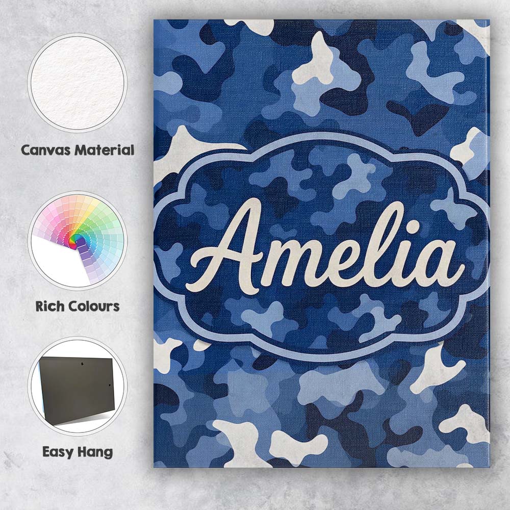 Personalised Name Navy Blue Camouflage Layered Seamless Pattern Custom Statement Canvas Wall Art Print Decor Picture Ready to Hang