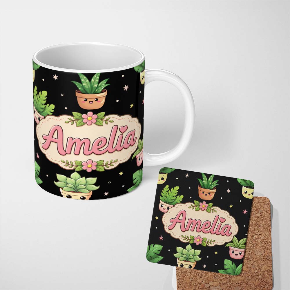 Personalized Custom Name Cute Kawaii Succulent Plant Pots Minimal Grey Seamless Pattern 11oz Ceramic Coffee Tea Mug White Large Handle
