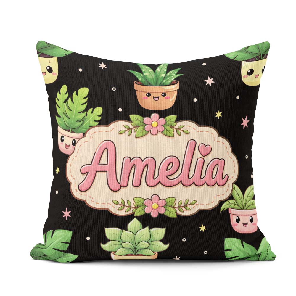 Custom Name Cute Kawaii Plant Pots Minimal Grey Seamless Pattern Square Filled Cushion Throw Pillow Sofa Bed Home Decor Zip Washable UK Made