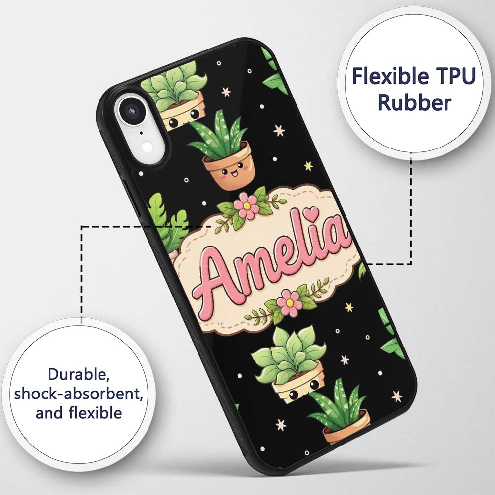 Cute Kawaii Succulent Plant Pots Minimal Grey Custom Name Protective Phone Case Mobile Cover Durable Everyday Smartphone Shock Resistant