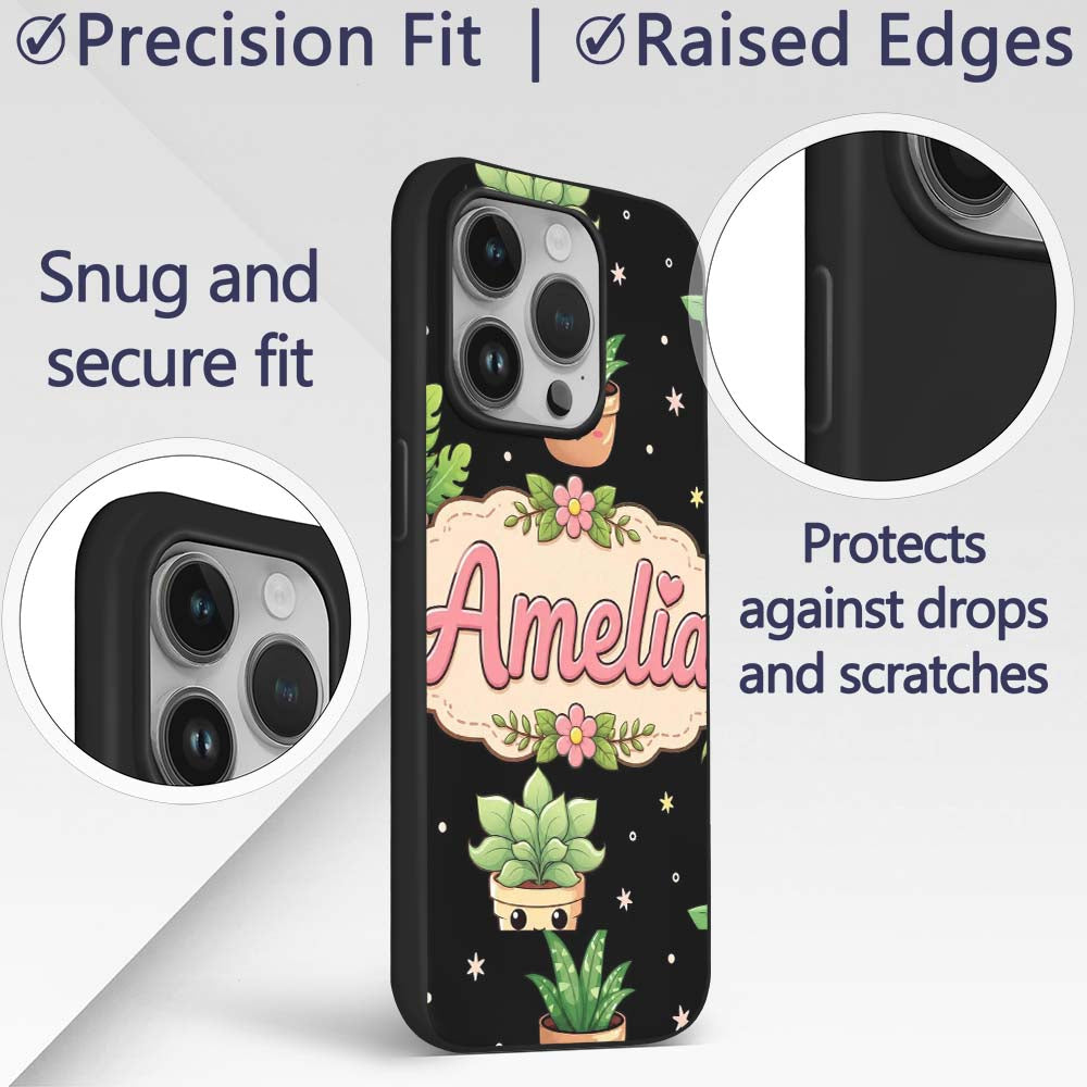 Cute Kawaii Succulent Plant Pots Minimal Grey Custom Name Protective Phone Case Mobile Cover Durable Everyday Smartphone Shock Resistant