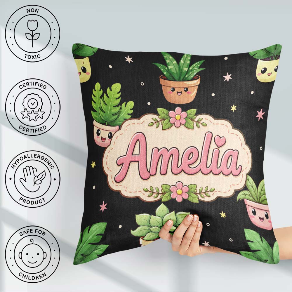 Custom Name Cute Kawaii Plant Pots Minimal Grey Seamless Pattern Square Filled Cushion Throw Pillow Sofa Bed Home Decor Zip Washable UK Made