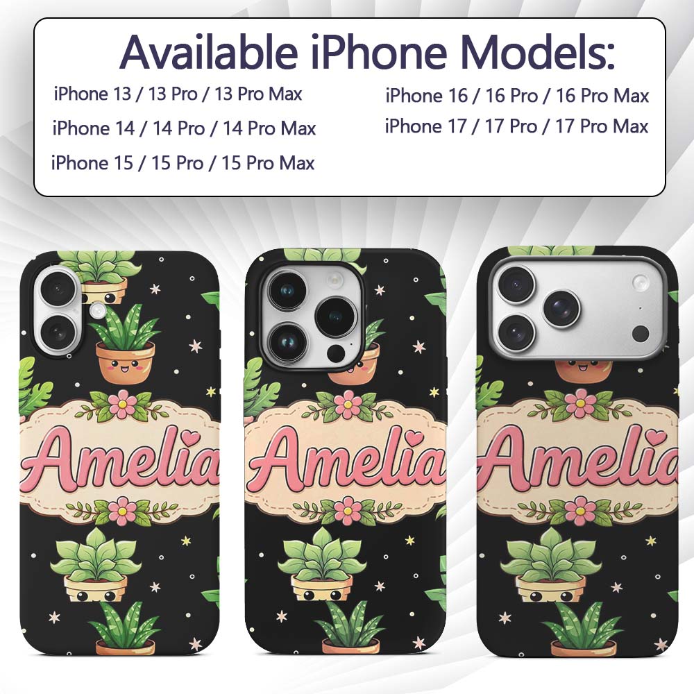 Cute Kawaii Succulent Plant Pots Minimal Grey Custom Name Protective Phone Case Mobile Cover Durable Everyday Smartphone Shock Resistant