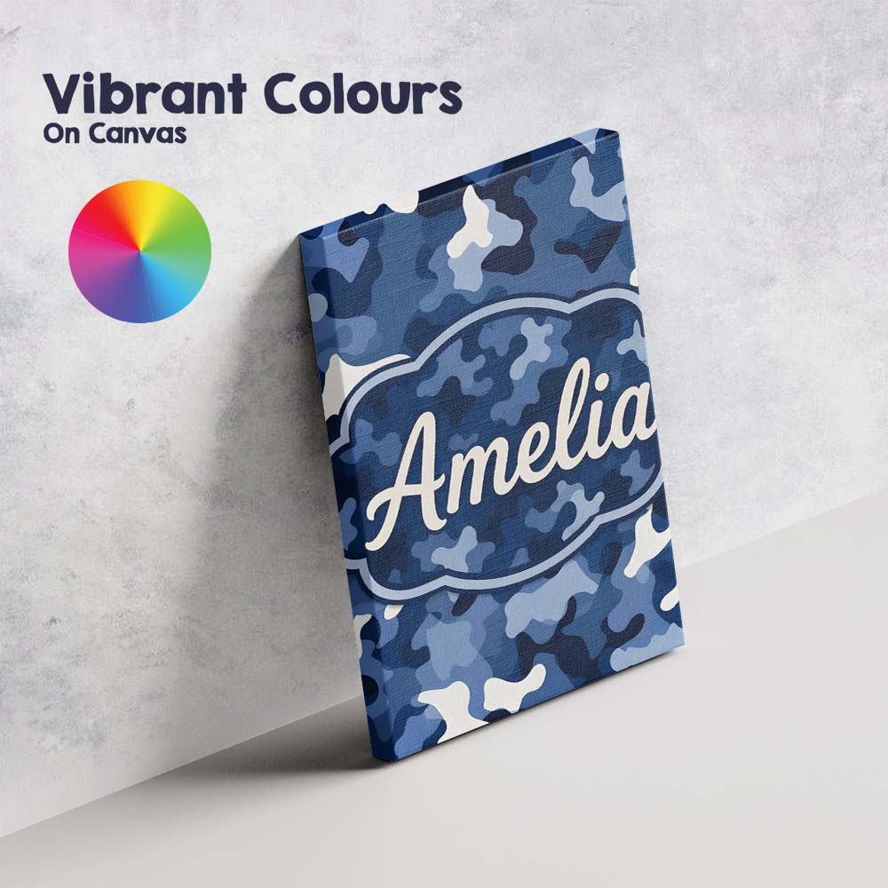 Personalised Name Navy Blue Camouflage Layered Seamless Pattern Custom Statement Canvas Wall Art Print Decor Picture Ready to Hang