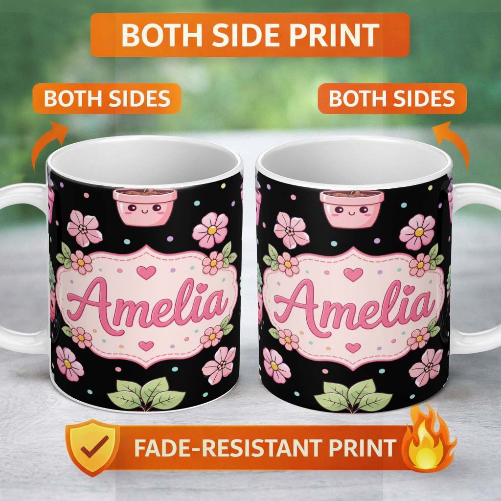 Personalized Custom Name Cute Kawaii Floral Plant Pots Pastel Dots Seamless Pattern Name 11oz Ceramic Coffee Tea Mug White Large Handle