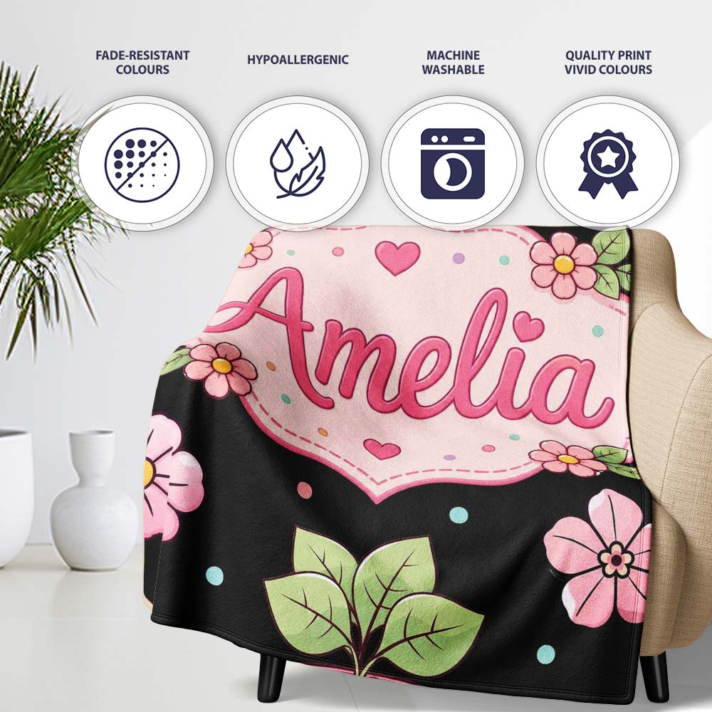 Cute Kawaii Floral Plant Pots Pastel Dots Seamless Pattern Name Personalised Custom Name Super Soft Fleece Blanket Bed Sofa Throw
