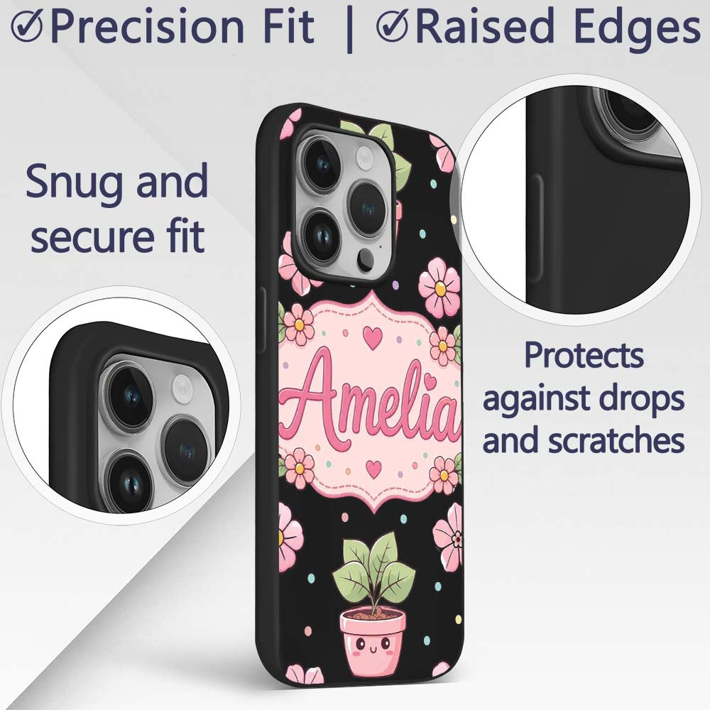 Cute Kawaii Floral Plant Pots Printed Design Custom Name Protective Phone Case Mobile Cover Durable Everyday Smartphone Shock Resistant