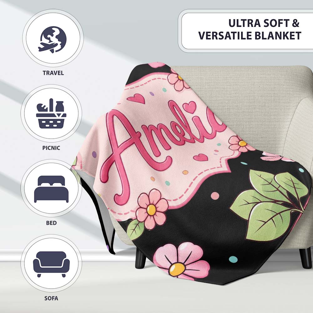 Cute Kawaii Floral Plant Pots Pastel Dots Seamless Pattern Name Personalised Custom Name Super Soft Fleece Blanket Bed Sofa Throw