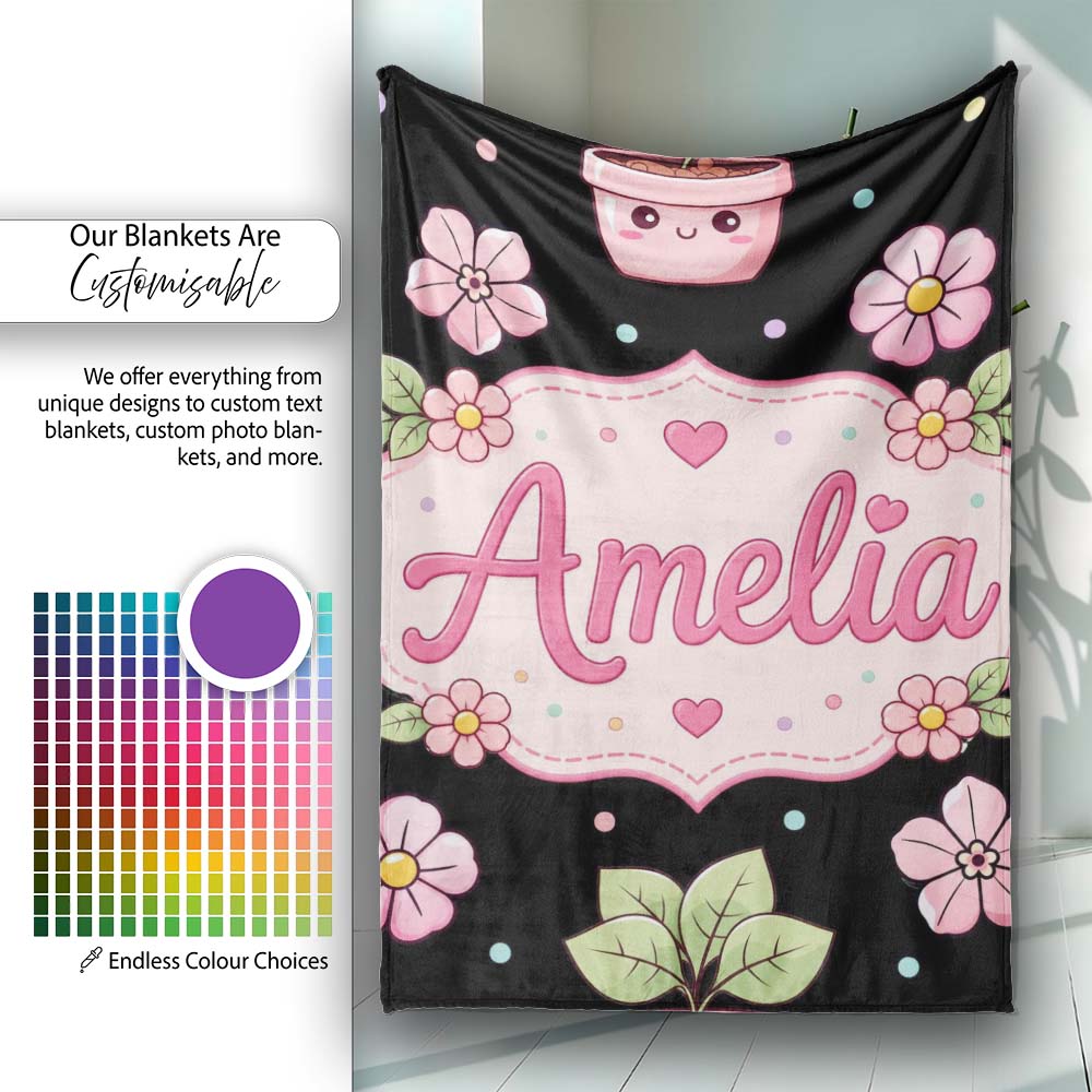 Cute Kawaii Floral Plant Pots Pastel Dots Seamless Pattern Name Personalised Custom Name Super Soft Fleece Blanket Bed Sofa Throw