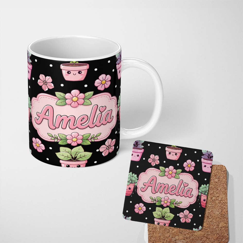 Personalized Custom Name Cute Kawaii Pink Flower Pot Smiling Face Floral Seamless Pattern 11oz Ceramic Coffee Tea Mug White Large Handle