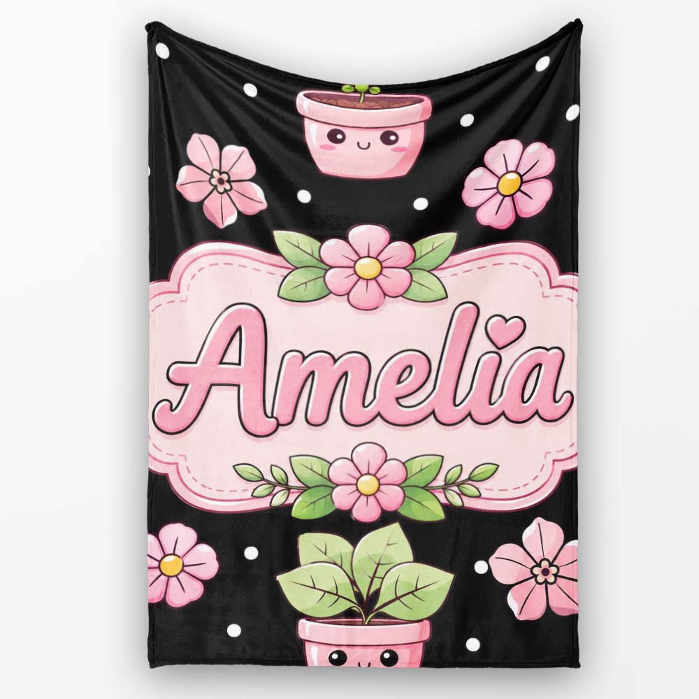 Cute Kawaii Pink Flower Pot Smiling Face Floral Seamless Pattern Personalised Custom Name Super Soft Fleece Blanket Bed Sofa Throw
