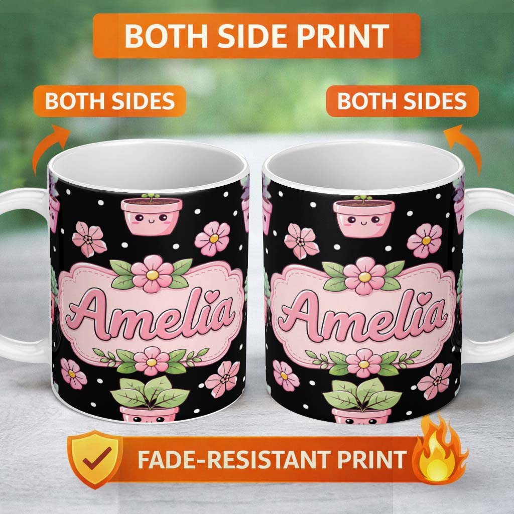 Personalized Custom Name Cute Kawaii Pink Flower Pot Smiling Face Floral Seamless Pattern 11oz Ceramic Coffee Tea Mug White Large Handle