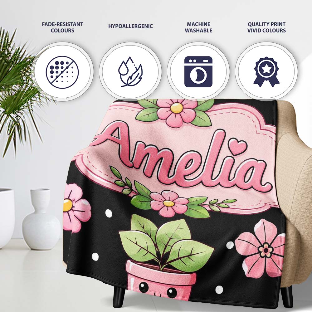 Cute Kawaii Pink Flower Pot Smiling Face Floral Seamless Pattern Personalised Custom Name Super Soft Fleece Blanket Bed Sofa Throw