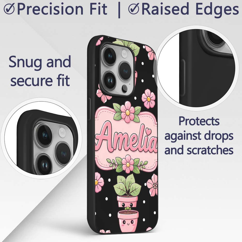 Cute Kawaii Pink Flower Pot Smiling Face Floral Custom Name Protective Phone Case Mobile Cover Durable Everyday Smartphone Shock Resistant