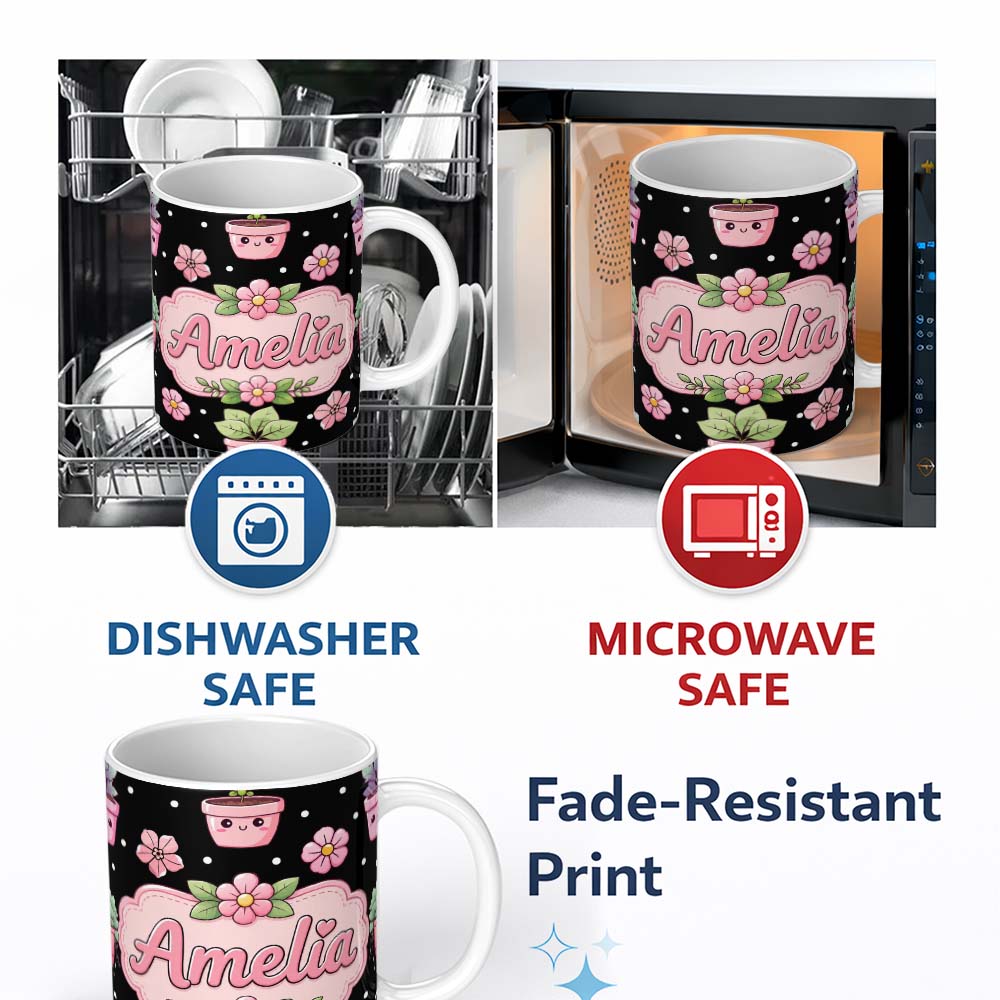 Personalized Custom Name Cute Kawaii Pink Flower Pot Smiling Face Floral Seamless Pattern 11oz Ceramic Coffee Tea Mug White Large Handle