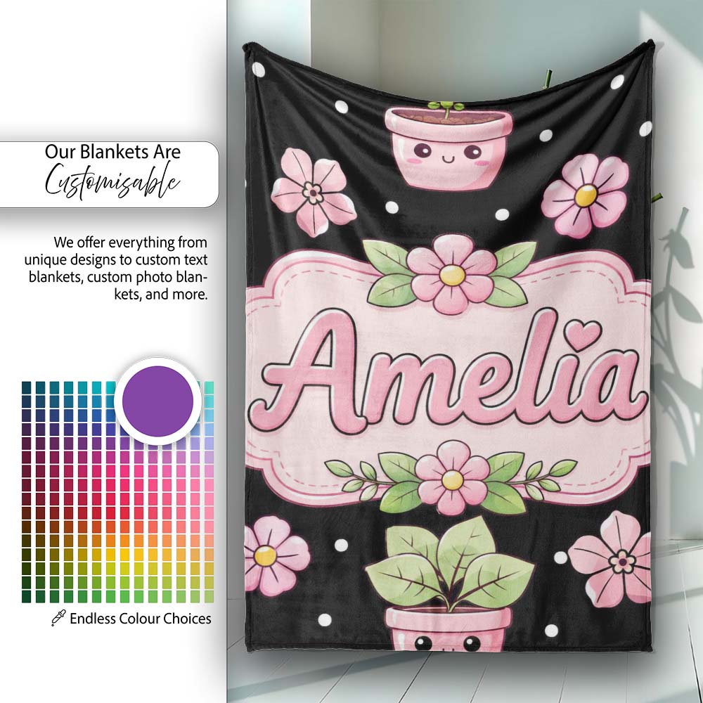 Cute Kawaii Pink Flower Pot Smiling Face Floral Seamless Pattern Personalised Custom Name Super Soft Fleece Blanket Bed Sofa Throw