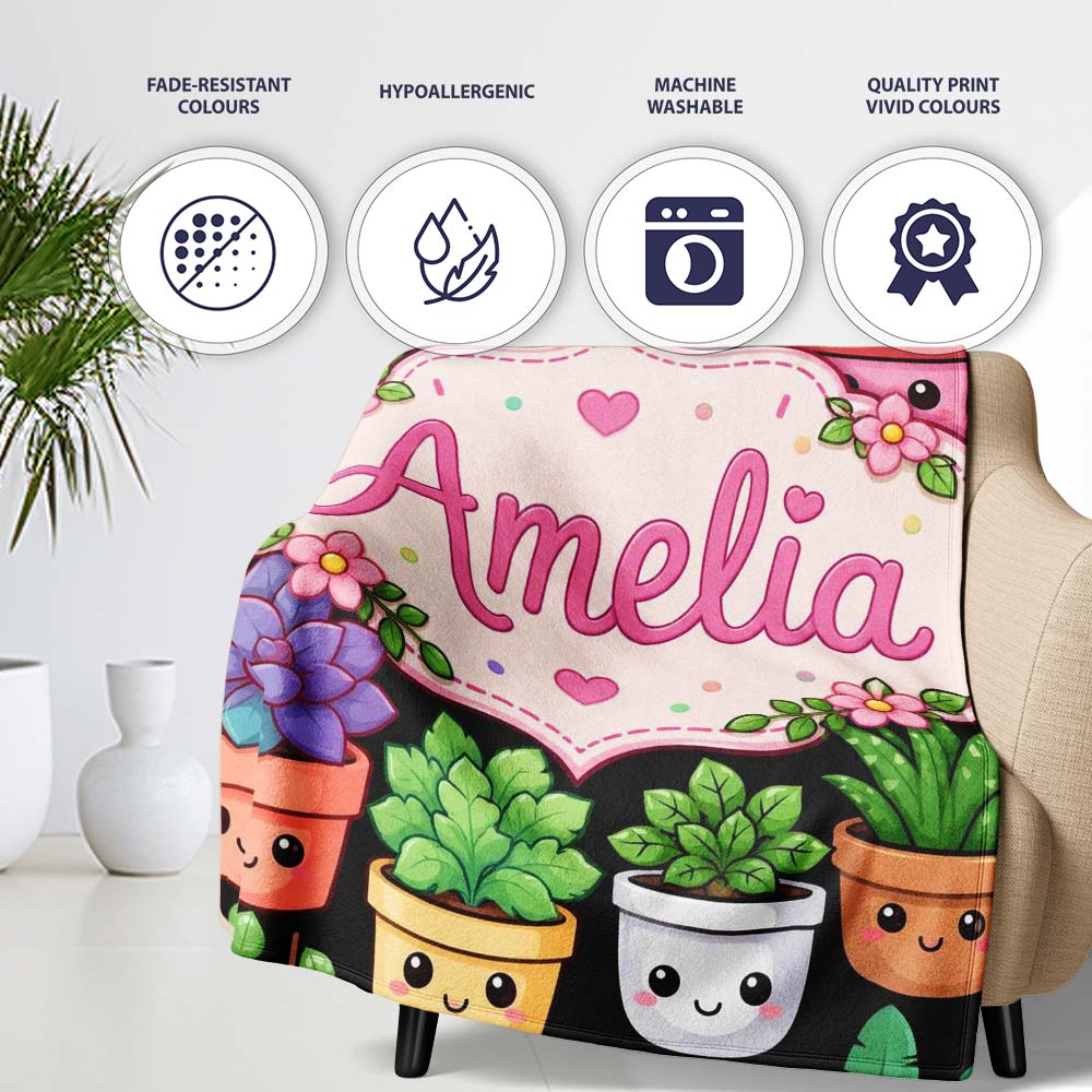 Cute Kawaii Assorted Indoor Plants Smiling Pots Seamless Pattern Personalised Custom Name Super Soft Fleece Blanket Bed Sofa Throw