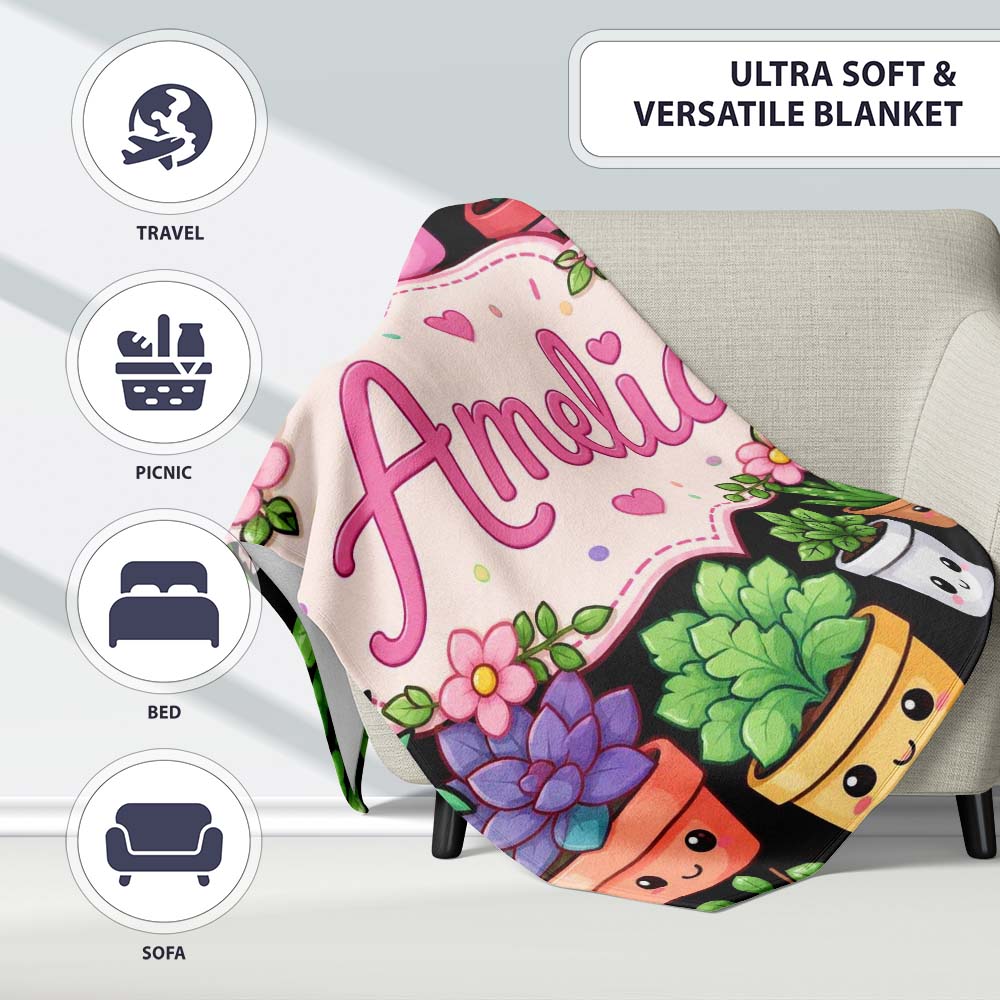 Cute Kawaii Assorted Indoor Plants Smiling Pots Seamless Pattern Personalised Custom Name Super Soft Fleece Blanket Bed Sofa Throw