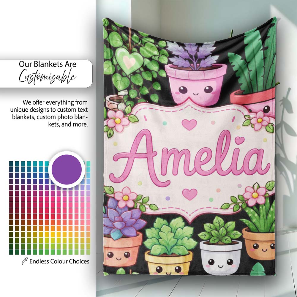Cute Kawaii Assorted Indoor Plants Smiling Pots Seamless Pattern Personalised Custom Name Super Soft Fleece Blanket Bed Sofa Throw