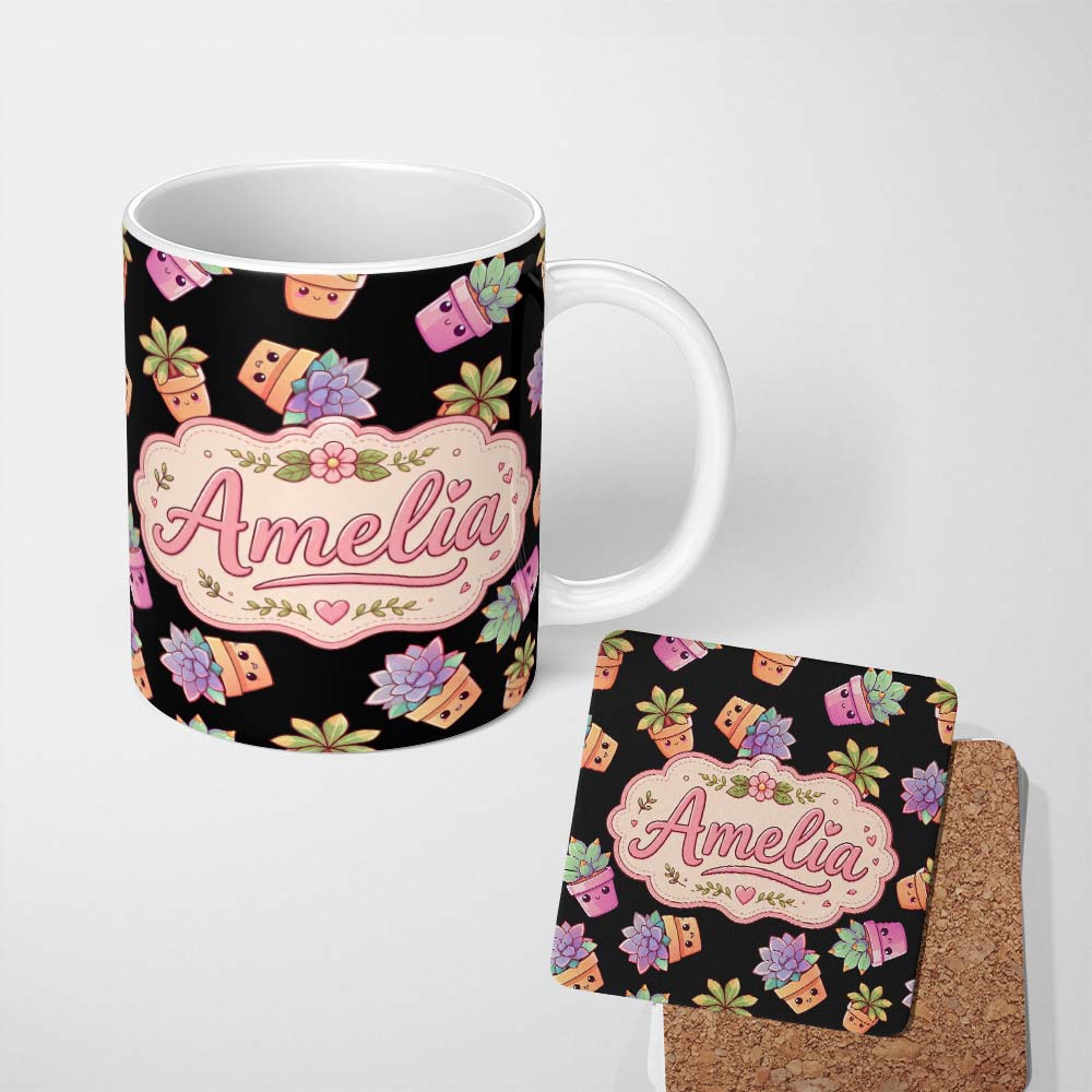 Personalized Custom Name Cute Kawaii Succulent Plants Cartoon Pots Seamless Pattern Name 11oz Ceramic Coffee Tea Mug White Large Handle