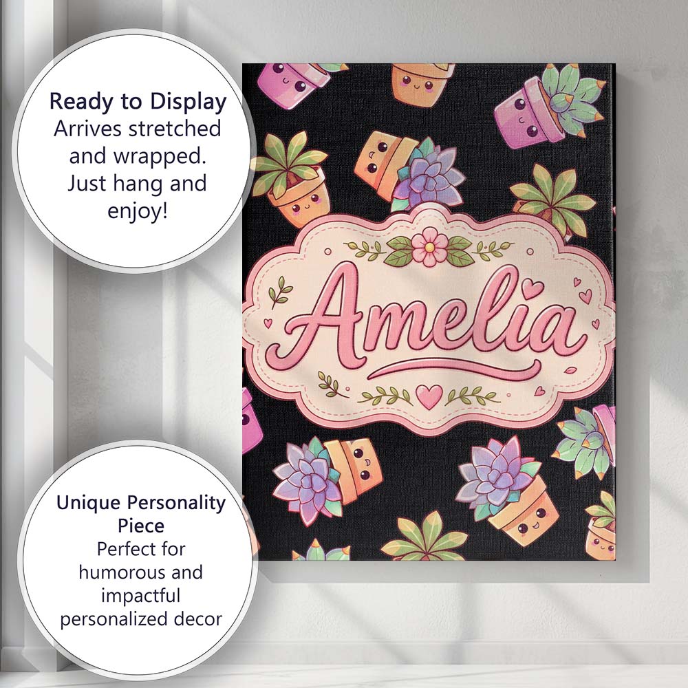 Personalised Name Cute Kawaii Succulent Custom Modern Room Accent Elegant Feature Canvas Wall Art Print Decor Picture Ready to Hang