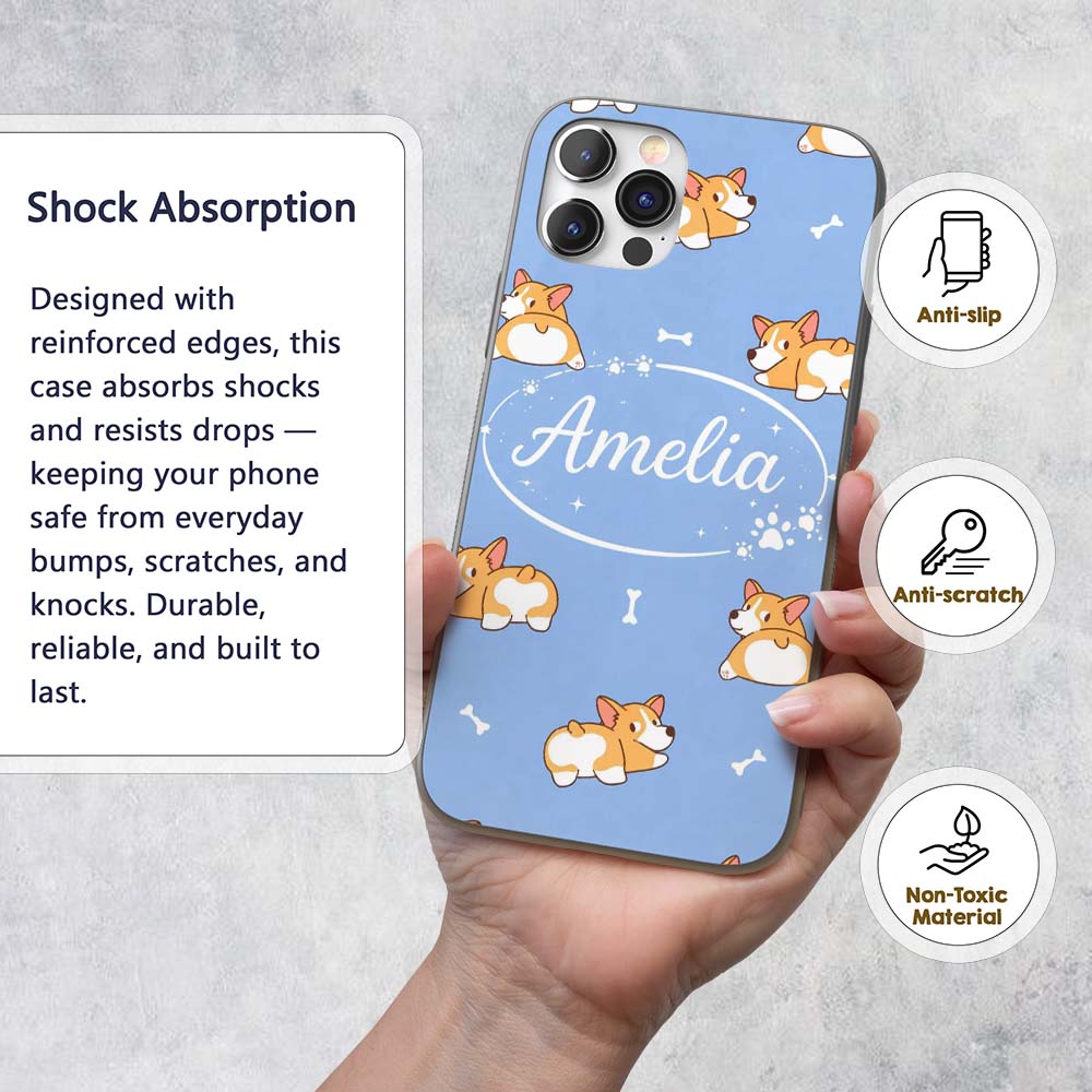 Cute Cartoon Corgi Dogs Bone Blue Background Custom Name Protective Phone Case Mobile Cover Durable Everyday Smartphone Shock Resistant