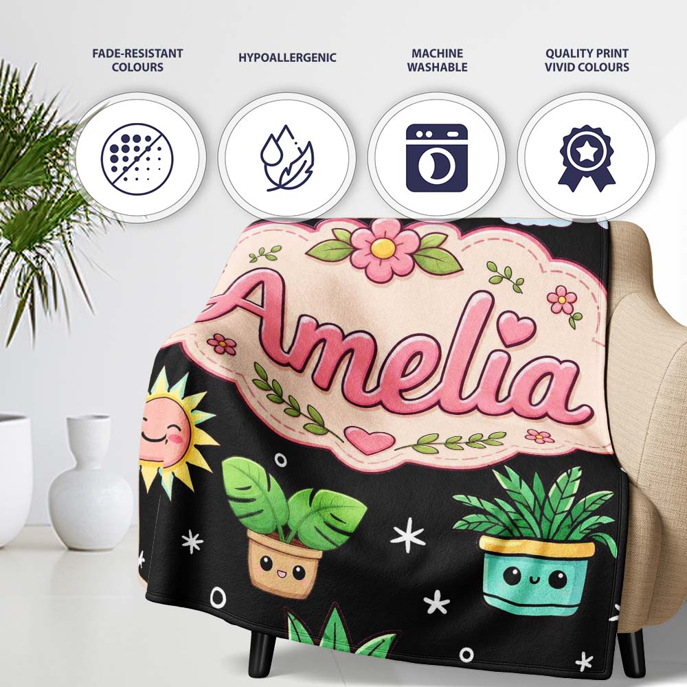 Cute Kawaii Tropical Plants Rainbow Sun Grey Seamless Pattern Name Personalised Custom Name Super Soft Fleece Blanket Bed Sofa Throw
