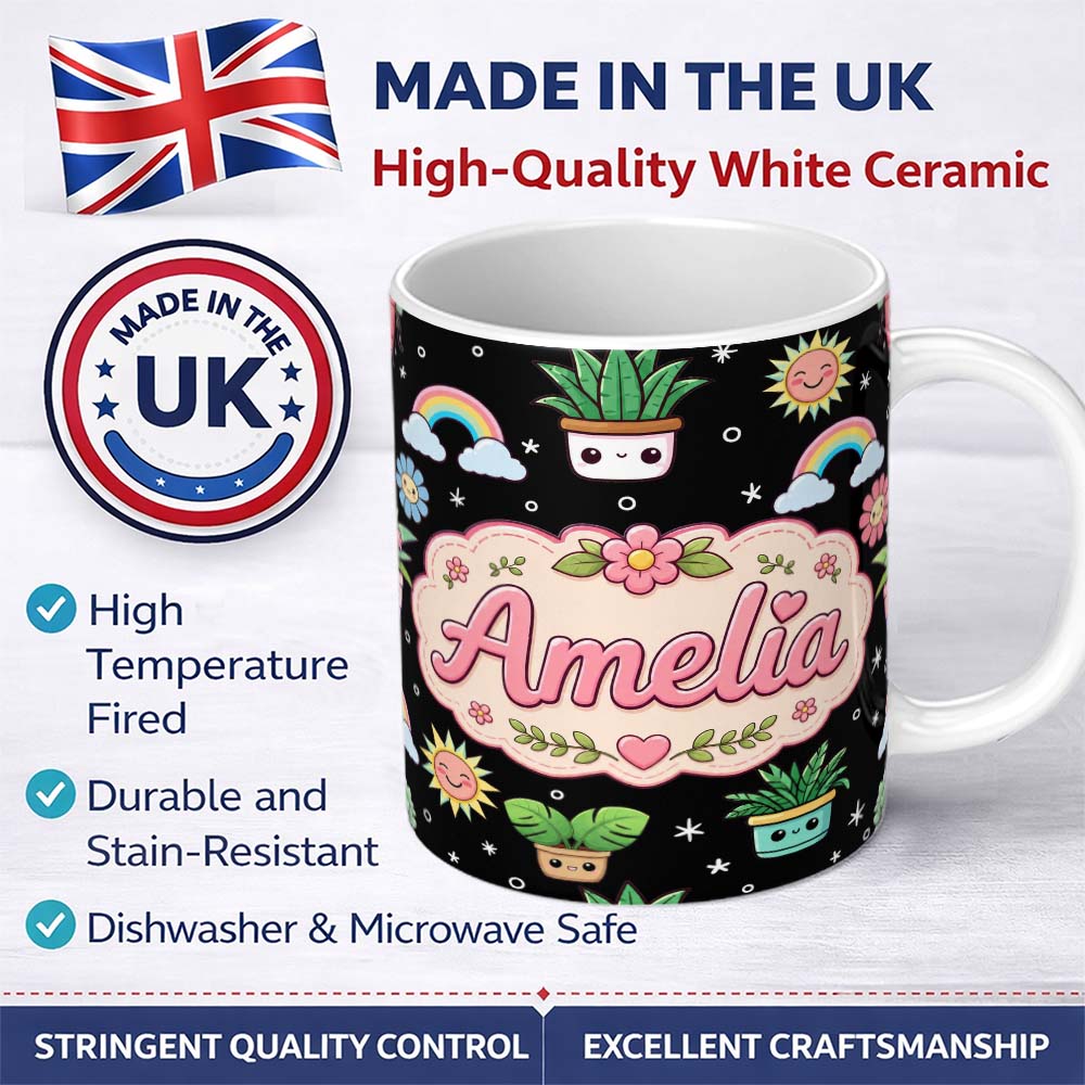 Personalized Custom Name Cute Kawaii Tropical Plants Rainbow Sun Grey Seamless Pattern Name 11oz Ceramic Coffee Tea Mug White Large Handle