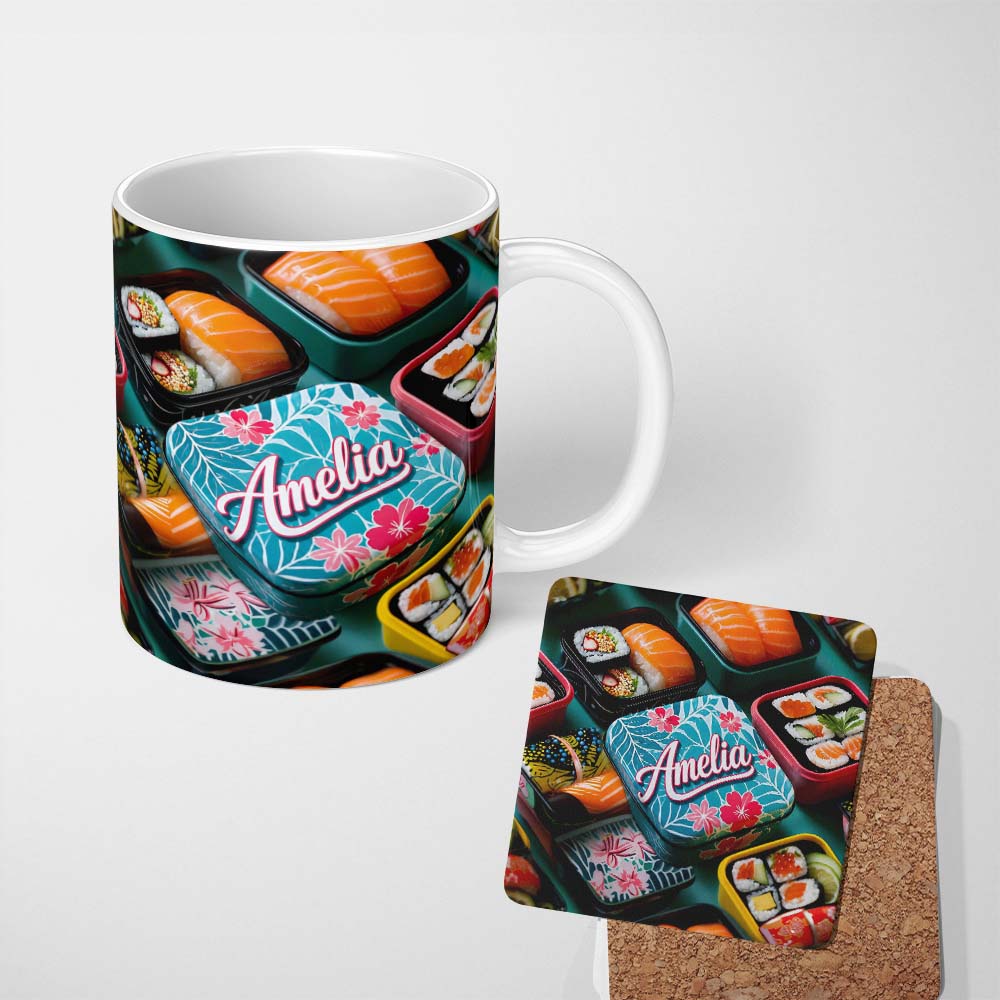 Personalized Custom Name Colorful Sushi Bento Boxes with Salmon and Rolls Pattern Food Theme 11oz Ceramic Coffee Tea Mug White Large Handle