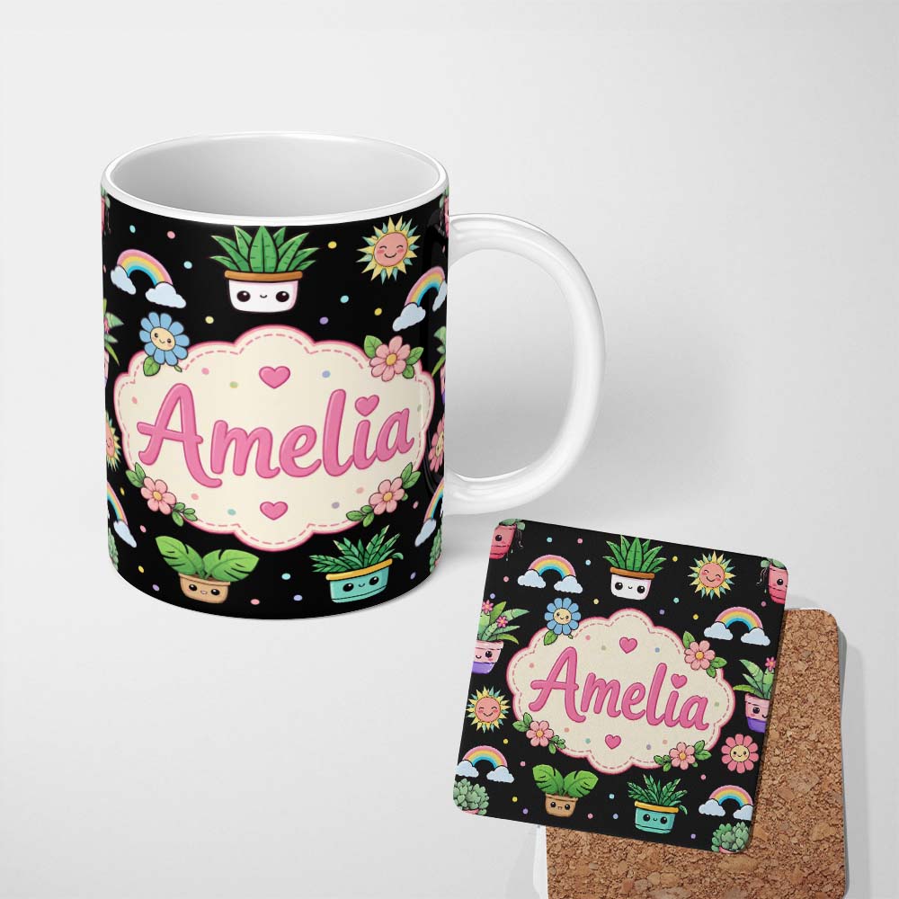 Personalized Custom Name Cute Kawaii Tropical Plants Rainbow Sun Grey Seamless Pattern Name 11oz Ceramic Coffee Tea Mug White Large Handle