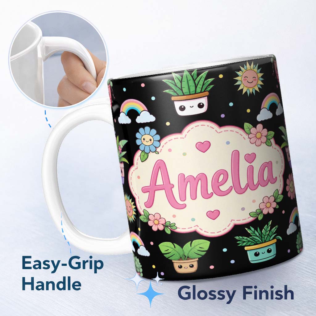 Personalized Custom Name Cute Kawaii Tropical Plants Rainbow Sun Grey Seamless Pattern Name 11oz Ceramic Coffee Tea Mug White Large Handle